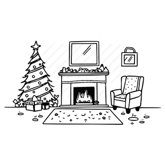 Christmas tree, fireplace, chair, presents, winter, holiday